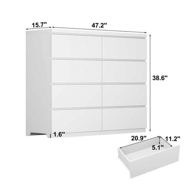 English Elm 8 Drawer Tall Chest Slim Particleboard Build Smooth Gliding Storage for Bedroom Closet White W409S00030