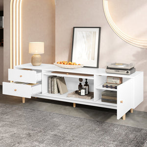 English Elm 70 Modern TV Stand for TVs up to 80" with Rattan Accents, Smooth Drawers, Flip-Up Storage, Durable Design White N710P339470W