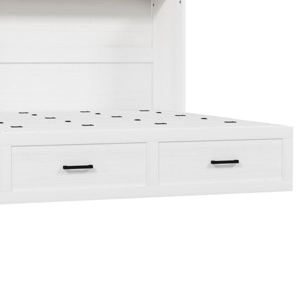 English Elm Queen Farmhouse Murphy Cabinet Bed with Charging Station and Storage Drawer White N733S361778W
