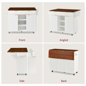 English Elm K&k Fluted Rolling Kitchen Island Faux Marble Top Power Outlet Drop Leaf Storage White N707S000019W