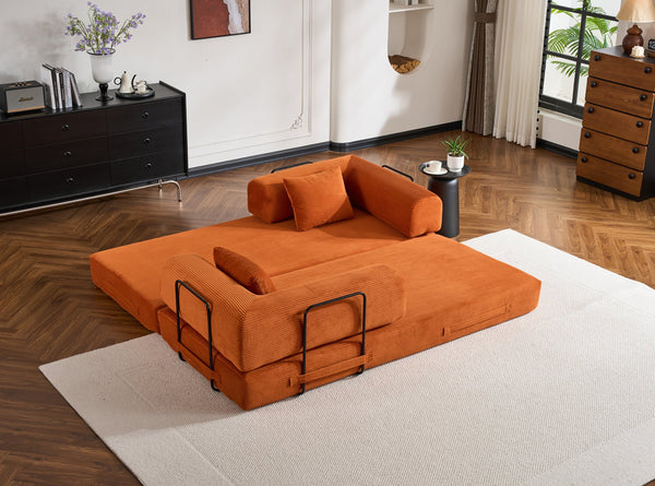 English Elm Convertible Sleeper Sofa Bed Corduroy 4-in-1 Folding Floor Couch with 35D Sponge Support and No-Assembly Orange W3434P378559