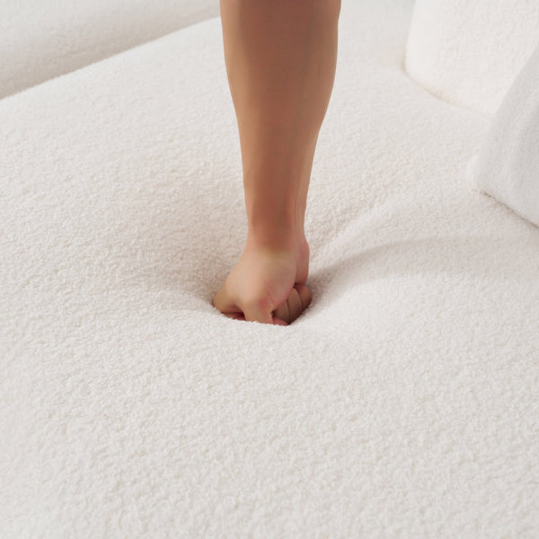 English Elm Curved Four-Seater Teddy Velvet Sofa with Full-Compression Sponge and Spring Support, No-Assembly, Compact White W3612S00001