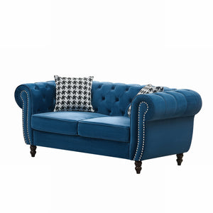 English Elm 67"Chesterfield Velvet 2-Seater Sofa with Nailhead Trim, Roll Arms, Hardwood Frame, Luxurious Comfort Blue W3373S00050