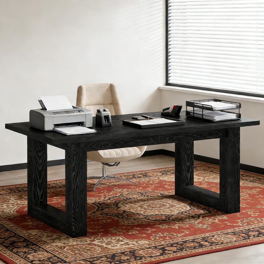 English Elm Sturdy Two-tier Computer Desk with File Cabinet and Monitor Riser for Home Office Black T3971P454054