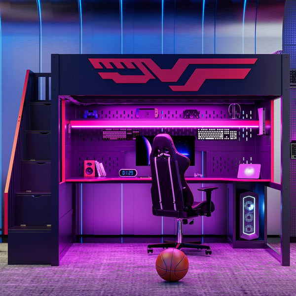English Elm Gaming Full Loft Bed with Workstation Storage Staircase Led Lights and Usb Port N7090004031B