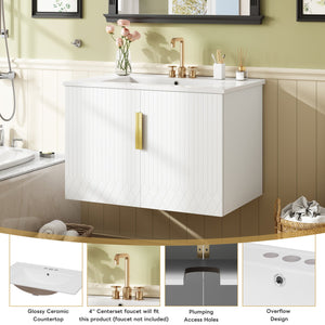 English Elm 30" Vintage Bathroom Vanity with Ceramic Sink — Wall-Mount MDF & Solid Wood Cabinet, Storage, Sleek Finish White N710P214100K