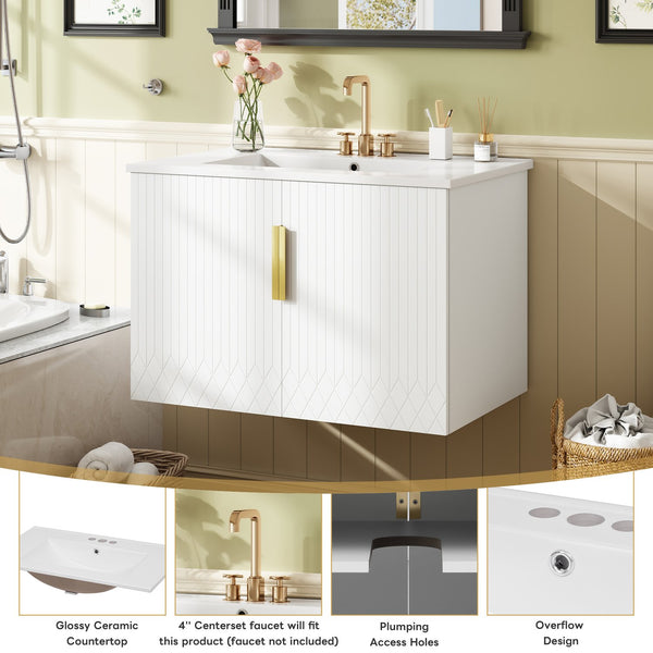 English Elm 30" Vintage Bathroom Vanity with Ceramic Sink — Wall-Mount MDF & Solid Wood Cabinet, Storage, Sleek Finish White N710P214100K
