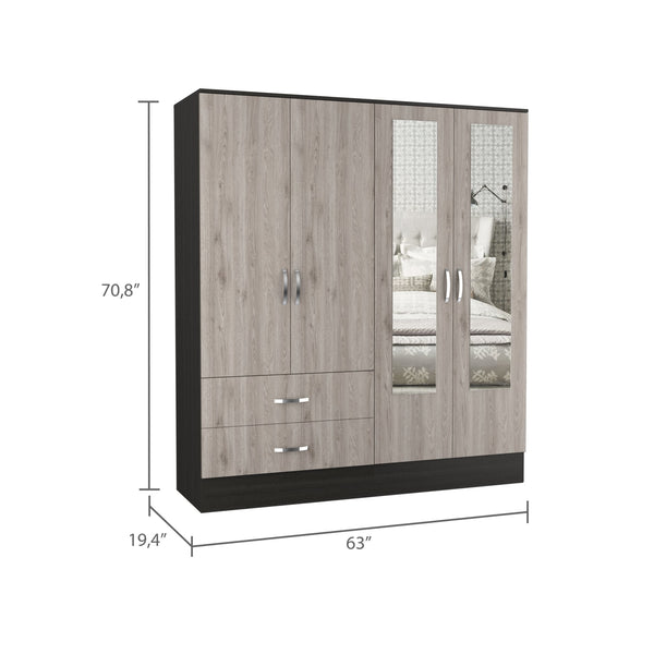 English Elm Gangi Modern 4-Door Armoire with Mirrors, 10 Shelves, 2 Drawers & Hanging Rod for Organized Bedrooms Black+Grey 74.8 L x 23.62 W x 3.94 H B097S00228