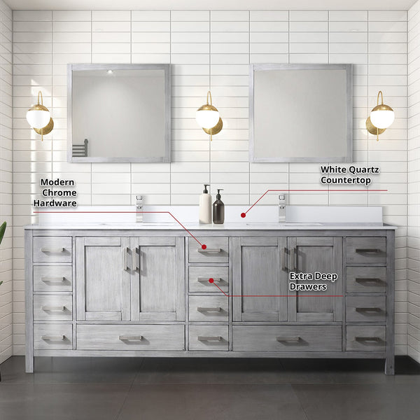 English Elm Distressed Grey Double Bath Vanity 84" W x 22" D with White Quartz Top, Chrome Faucet, 34" Mirrors, Durable B2731S01066