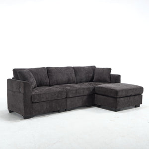 English Elm Modern Chenille L-shaped Sectional with Usb Charging Ottoman Storage Living Room Couch Black W2120S00014