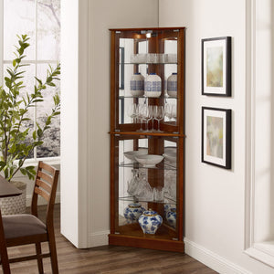 English Elm Walnut Corner Display Cabinet with Mirrored Back Lit Glass Shelves for Living Room W1693P171668