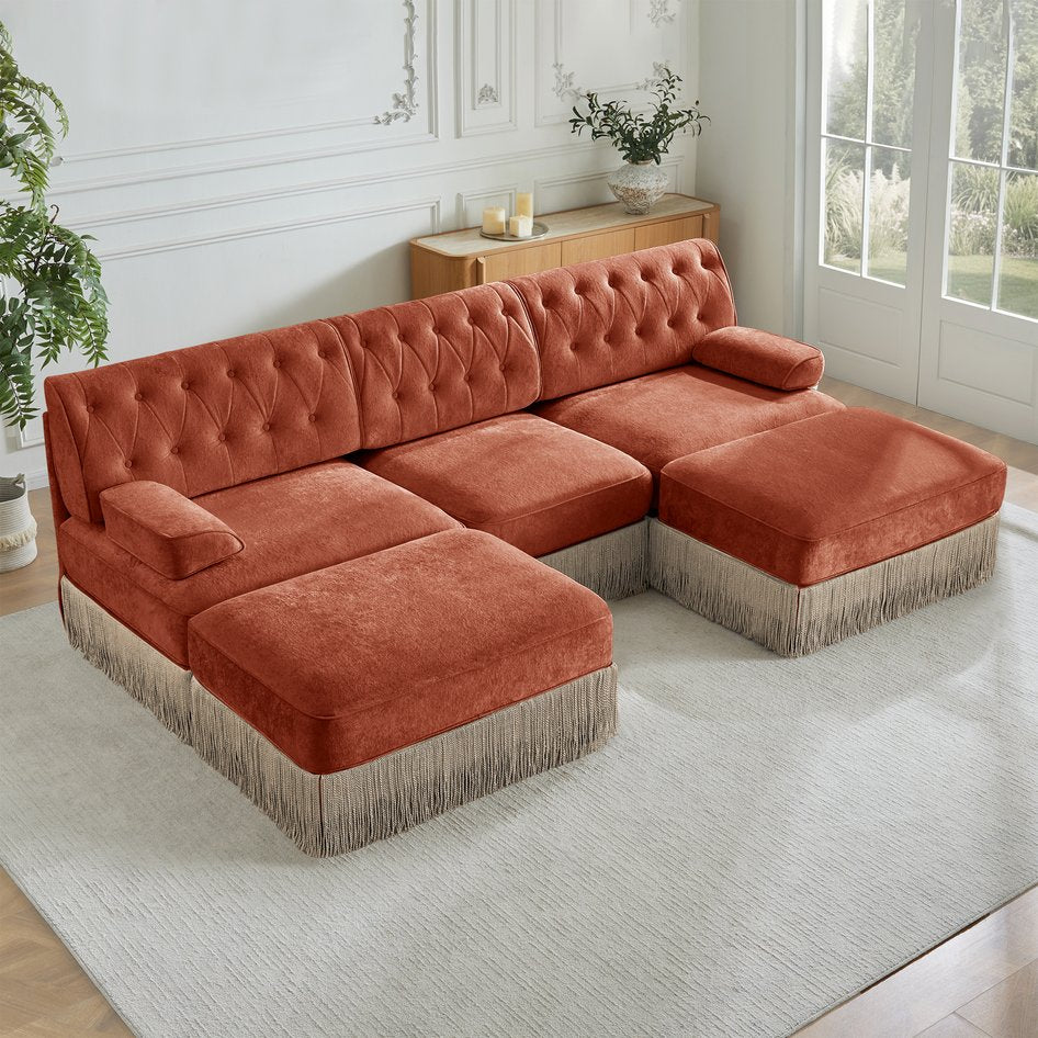 English Elm U Shaped Velvet Chesterfield Sectional with Tufting Tassel Fringe Skirt Modular Living Room Sofa Red+Brown W714S01724