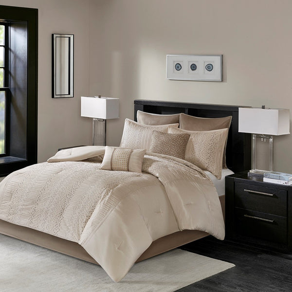 English Elm 8 Piece Embroidered Comforter Set - Luxurious Faux Silk Queen Bedding With Decorative Accents B03597011