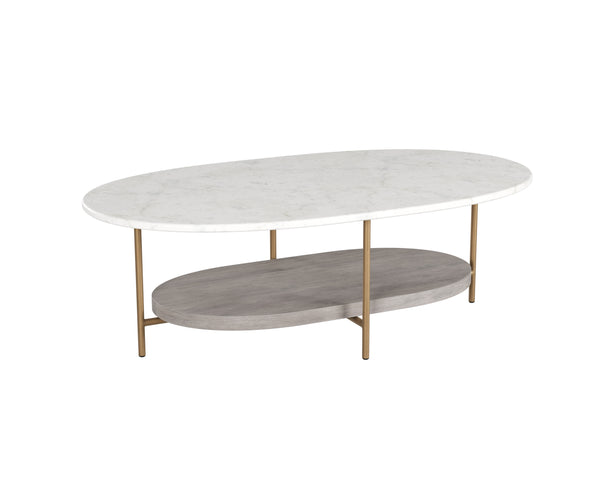 Sunpan Deja Coffee Table - Mid-Century Inspired Oval Design with White Marble & Grey Acacia Wood Shelf