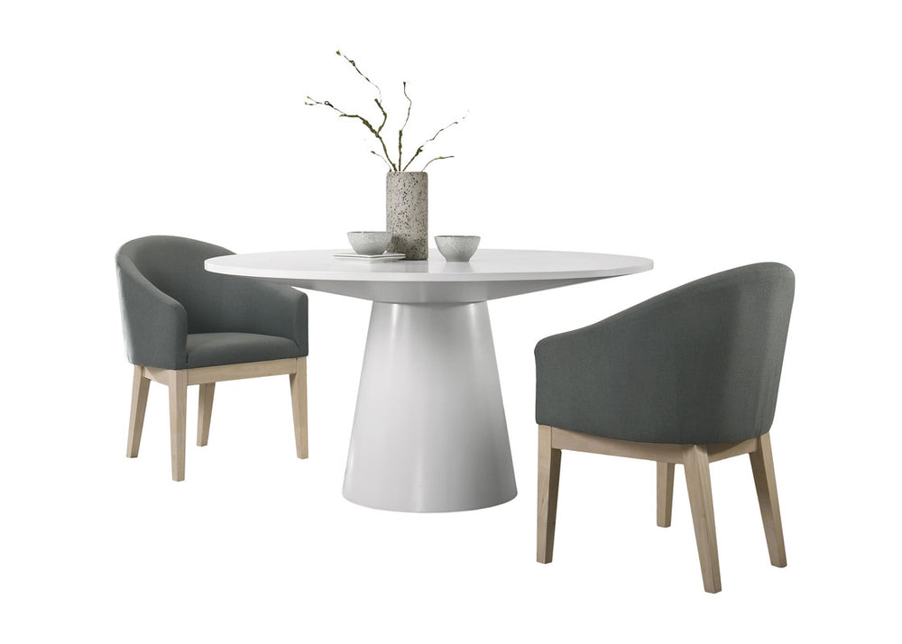 English Elm Jacopo Round Pedestal Dining Set Three Piece White Table with Gray Barrel Chairs B2749S00290