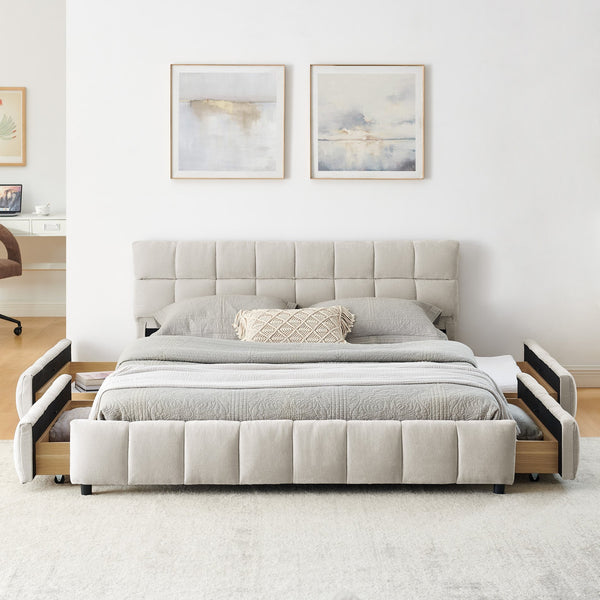English Elm Queen Chenille Upholstered Platform Bed with Storage Drawers and Padded Headboard Beige W487P235287