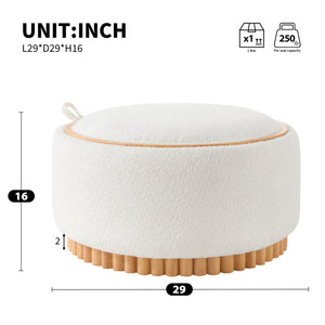 English Elm 29" Round Boucle Storage Ottoman Sculptural Wood Base Reversible Lid Living Room Beige N723P405304A