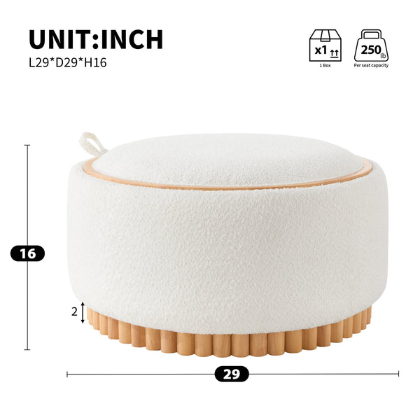 English Elm 29" Round Boucle Storage Ottoman Sculptural Wood Base Reversible Lid Living Room Beige N723P405304A