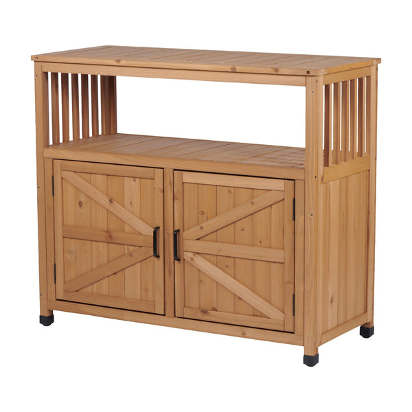English Elm Wooden Solid Bar Height Buffet Cabinet with Slatted Panels for Patio or Dining Room W2640P330336