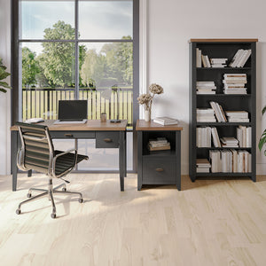 English Elm 72 72 inch High 5-Shelf Bookcase Black & Whiskey Two-Tone Finish, Farmhouse Style, Fully Assembled B108P160152