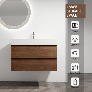 English Elm 36" Wood Grain Bathroom Vanity with Thick Resin Sink, 2 Soft-Close Drawers, KD Eco Plywood Finish W999S00201