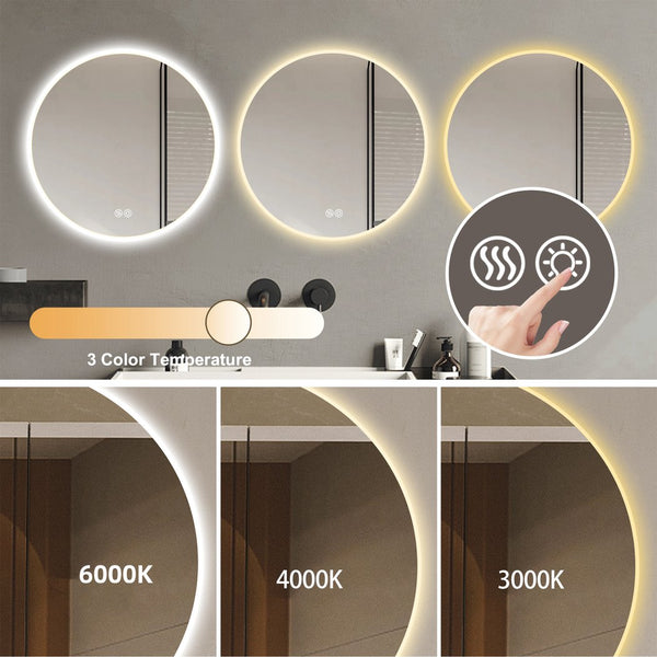 English Elm 32'' LED Round Mirror with Lights, Anti-Fog Touch Vanity, 3-Color Dimmable, Explosion-Proof Edge W2709P242511