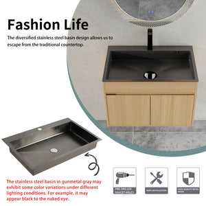 English Elm 28" Wall Mounted Bathroom Vanity with Gun-Gray Stainless Sink, Soft-Close Doors, Plywood, Oak Finish, KD W999P376889