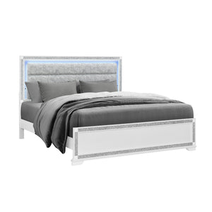 English Elm Soulmarie Solid Wood King Bed with Padded Headboard, LED Lights, Glitter Detail & Curved Legs White 84.84 L x 7.87 W x 4.72 H B201S00453