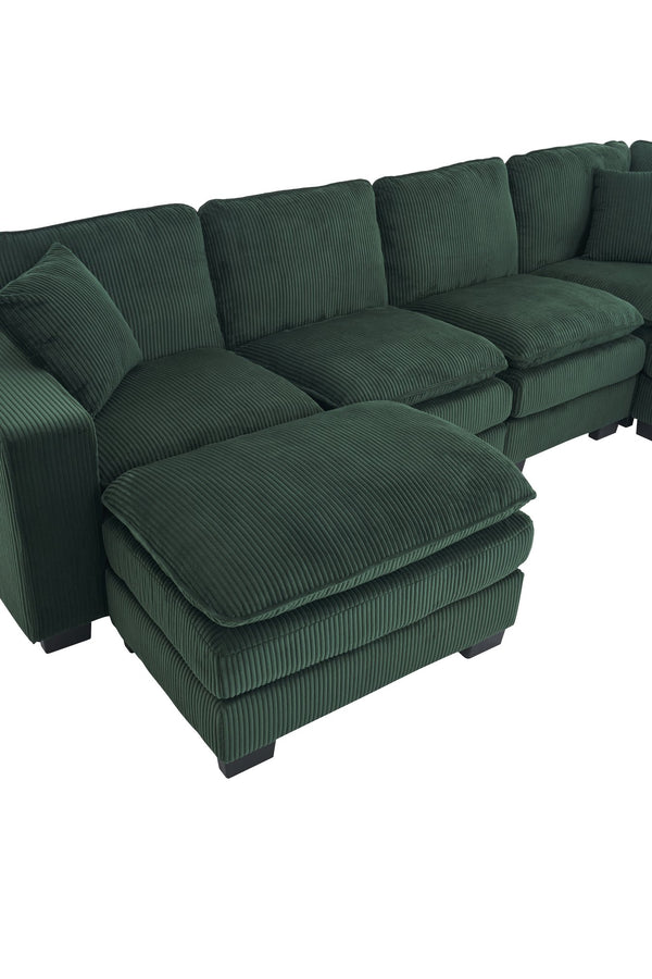English Elm Modern U Shaped 6-Seat Sectional Sofa with Ottoman and 3 Toss Pillows, Corduroy Modular Comfort and Durable Frame Green W2363S00042