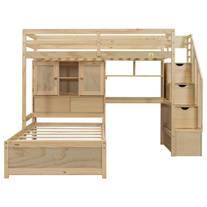 English Elm Twin Over Twin Loft Bed with Built-In Desk, Stairs, Shelving and Storage Headboard for Space-Saving Rooms Natural GX000465AAN