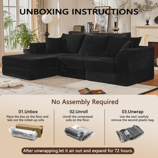 English Elm 102" Modular Cloud Sectional Corduroy Sofa with Reversible Chaise for Living Room Black W5638S00003