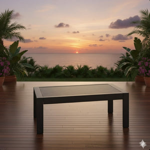 English Elm 43" Outdoor Coffee Table with Wood Grain Top on Powder Coated Iron for Patio Lounging Black B082P455114