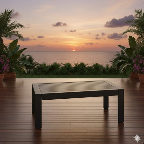 English Elm 43" Outdoor Coffee Table with Wood Grain Top on Powder Coated Iron for Patio Lounging Black B082P455114