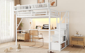 English Elm Full Loft Bed with Desk and Charging Station, Metal Loft with Stairs, Wardrobe, Shelves & Light White W2580S00046