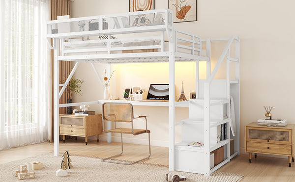 English Elm Full Loft Bed with Desk and Charging Station, Metal Loft with Stairs, Wardrobe, Shelves & Light White W2580S00046