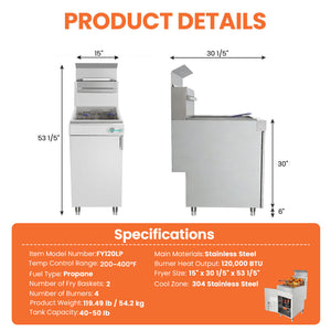 English Elm 120,000 Btu Quad Burner Commercial Gas Fryer Stainless Steel High Volume Lp W3629P365492