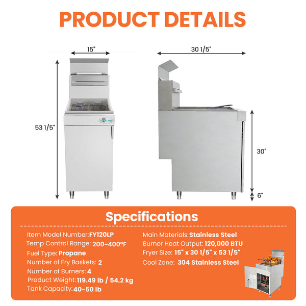 English Elm 120,000 Btu Quad Burner Commercial Gas Fryer Stainless Steel High Volume Lp W3629P365492
