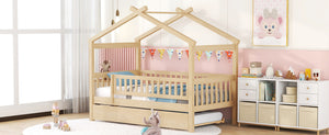 English Elm Twin House Bed with Trundle Solid Pine Frame Walnut Kids Bedroom Sleepover N708P357115N