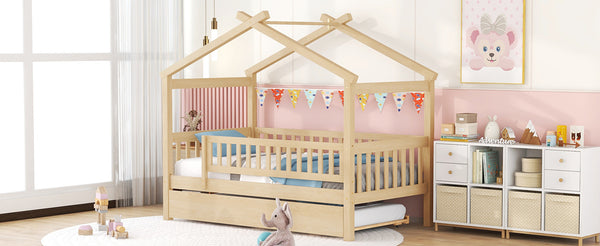 English Elm Twin House Bed with Trundle Solid Pine Frame Walnut Kids Bedroom Sleepover N708P357115N