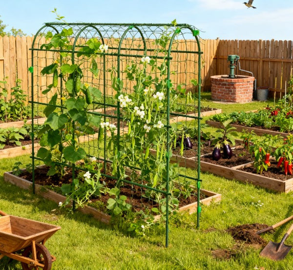 English Elm Arch A-frame Steel Garden Trellis with Climbing Net for Outdoor Vining Plants T3971P425491
