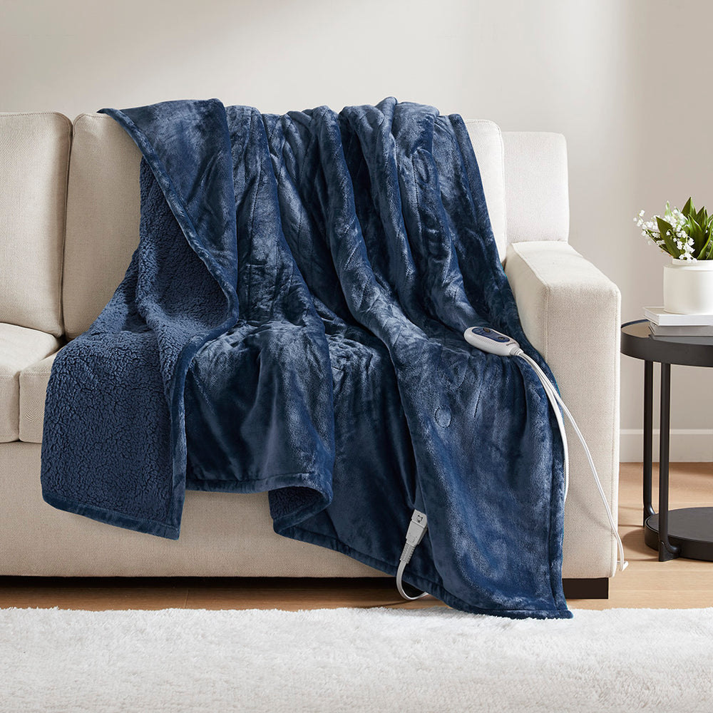 JLA Home Beautyrest - Throw Beautyrest Heated Oversized Microlight Reverse-to-Berber Throw with Secure Comfort Tech, Low EMF, 5-Year Warranty Indigo BR54-0663