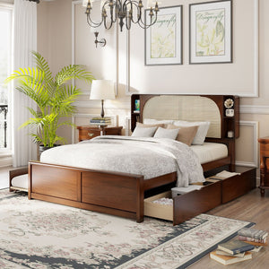 English Elm Queen Size Rattan Headboard Bed With Trundle, Drawers & Elegant Walnut Finish For Versatile Style N820S00013D-GIGA
