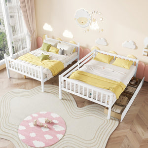 English Elm Full Full Over Full Bunk Bed In White - Durable Rubberwood With 2 Drawers, Converts To 2 Beds, Safe Design W504S00195
