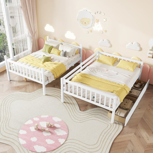 English Elm Full Full Over Full Bunk Bed In White - Durable Rubberwood With 2 Drawers, Converts To 2 Beds, Safe Design W504S00195