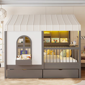 English Elm Full Size Kids House Bed with Led Bookshelf Storage Drawers and Charging Station Gray LP000378AAE