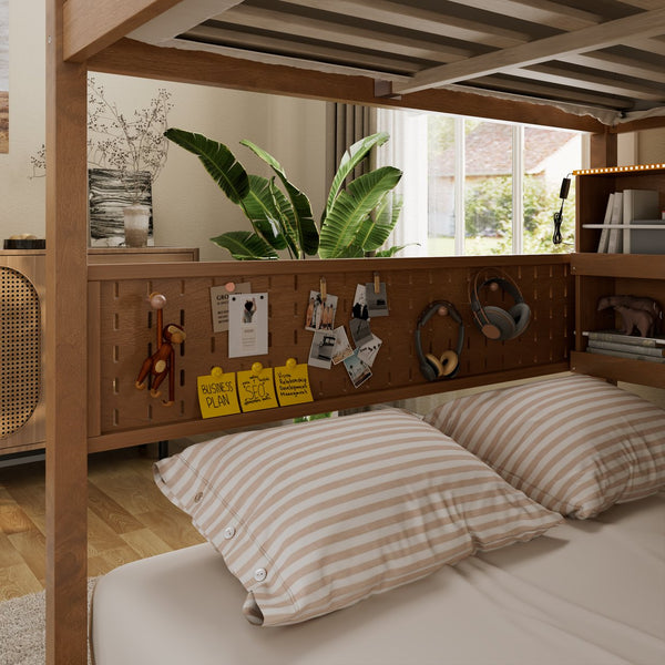 English Elm Full Over Bunk Bed with Led Lighting Pegboard Shelving and Pine Wood Frame Brown LT000278AAP