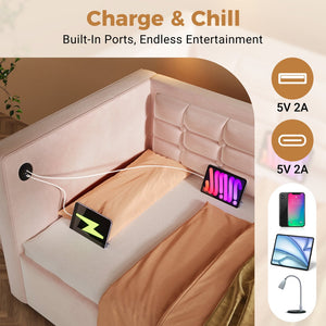 English Elm Upholstered Twin Daybed with Hydraulic Storage, Velvet Tufted Sofa Back, USB & Type-C Charging Port Pink N736P303402P