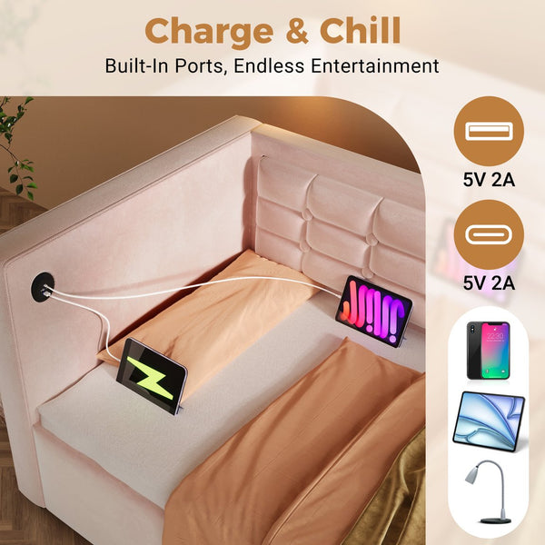 English Elm Upholstered Twin Daybed with Hydraulic Storage, Velvet Tufted Sofa Back, USB & Type-C Charging Port Pink N736P303402P
