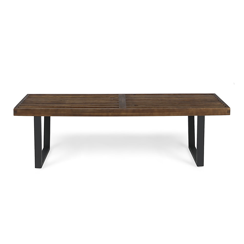 English Elm Joa Acacia Wood Outdoor Dining Bench with Iron Legs Seats Three Modern Patio 63351.00BDBRNMP1