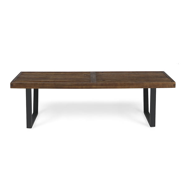 English Elm Joa Acacia Wood Outdoor Dining Bench with Iron Legs Seats Three Modern Patio 63351.00BDBRNMP1
